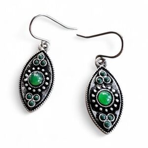 Oval Silver Tone Green Gem Drop Earrings